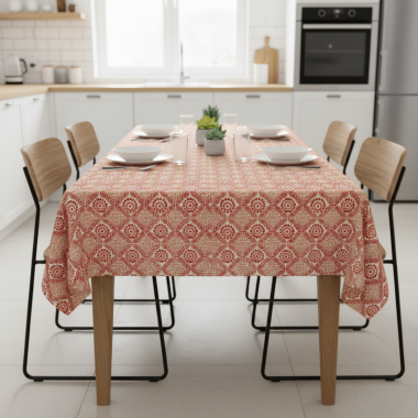 Burnt Orange and Red Mykonos Mosaic Floral Matte Wipe Clean Oilcloth Tablecloth