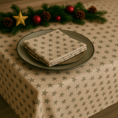 Linen and Grey Star Christmas Fabric Tablecloth