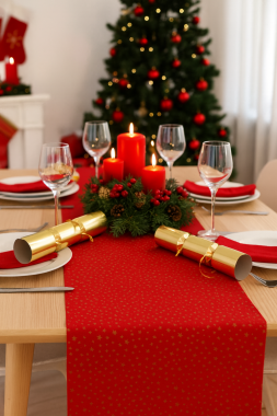 Red and Gold Christmas Stars Christmas 100% Cotton Fabric Table Runner