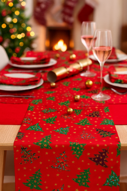 Red Green Christmas Trees Christmas Cotton Fabric Table Runner
