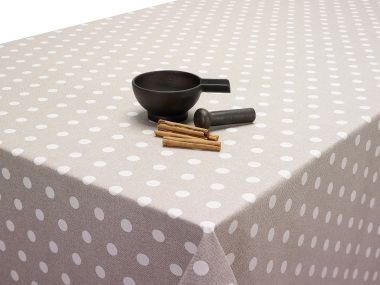 Beige and White Polka Dot Extra Wide 180cm Wide Acrylic Wipe Clean Tablecloth