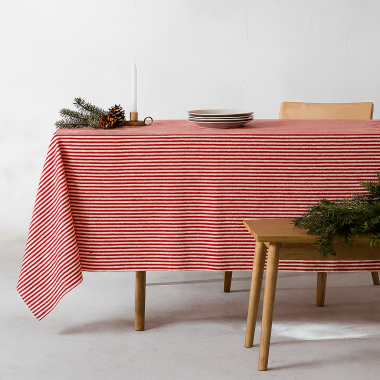 Linen and Red Stripe Ticking Christmas Fabric Tablecloth
