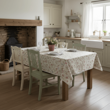 Grey Pink  Blue Bird Trail Oilcloth WITH BIAS-BINDING HEMMED EDGING Wipe Clean Tablecloth