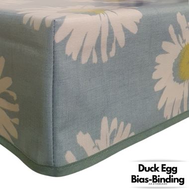 Duck Egg and White Daisy Capri Mineral Floral Oilcloth WITH BOXED CORNERS & BIAS-BINDING Wipe Clean Tablecloth