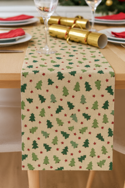 Linen and Green Christmas Tree Fabric Table Runner