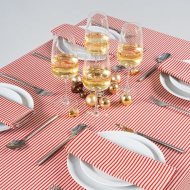 Linen and Red Stripe Ticking Christmas Fabric Tablecloth