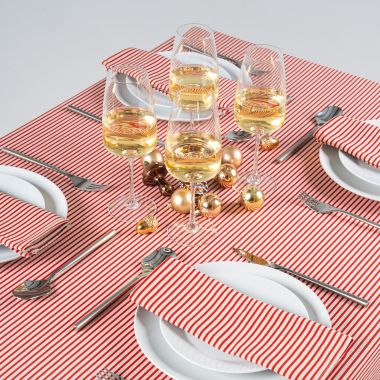 Linen and Red Stripe Ticking Christmas Fabric Tablecloth