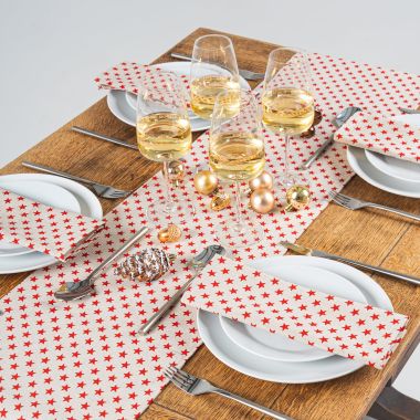 Linen and Red Stars Fabric Table Runner