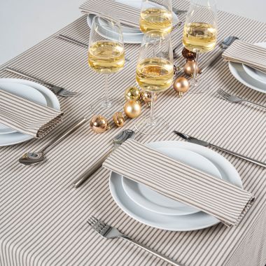 Linen and Grey Stripe Ticking Christmas Fabric Tablecloth