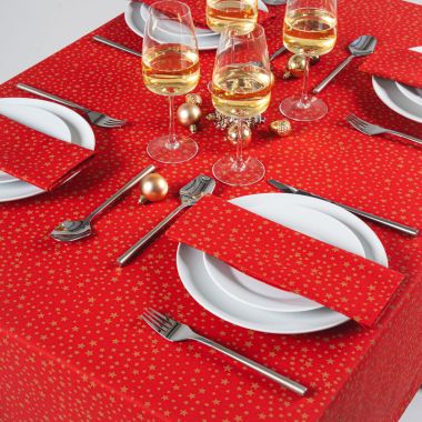 Red and Gold Christmas Stars 100% Cotton Fabric Tablecloth