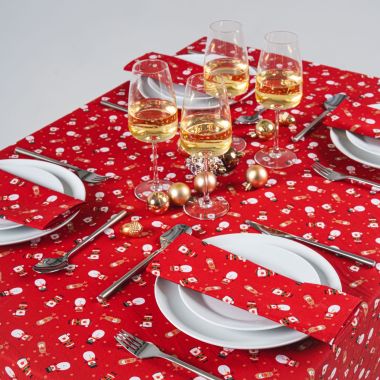 100% Cotton Fabric Christmas Tablecloth - Red Santa, Snowmen & Reindeer 