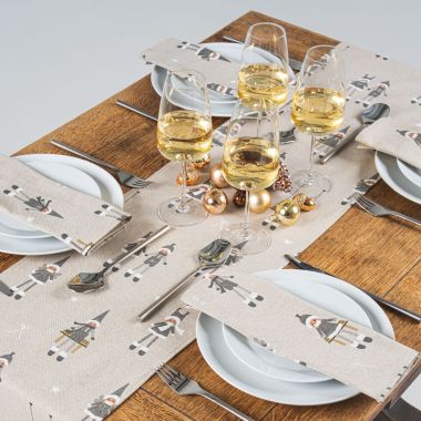 White and Grey Christmas Dolls Cotton Fabric Table Runner
