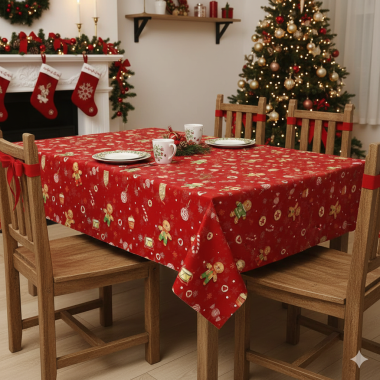 Red Christmas, Gingerbread And Candy Cane PVC Vinyl Wipe Clean Tablecloth