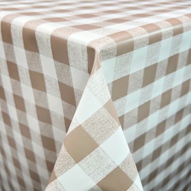 140cm x 200cm Taupe and White Gingham Check PVC Vinyl Wipe Clean Tablecloth Wholesale