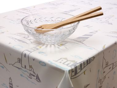 Grey and Taupe Traditional Lighthouse Scene Oilcloth Wipe Clean Tablecloth