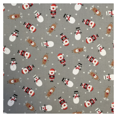 Grey Snowmen, Santa and Reindeer Christmas 100% Cotton Fabric Table Runner