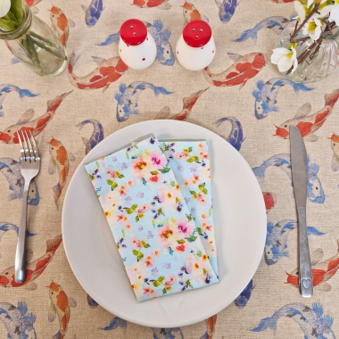 Koi Carp Linen Effect Poly Cotton Fabric Tablecloth