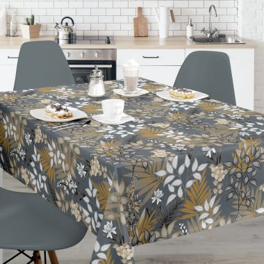 Midnight Tropical Floral Leaves Wipe Clean PVC Vinyl Tablecloth