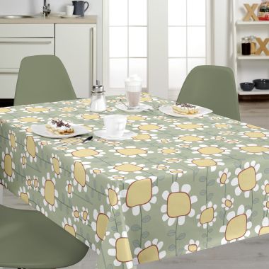 Retro Green White Yellow Daisy Floral Wipe Clean PVC Vinyl Tablecloth