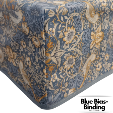 William Morris Strawberry Thief in Denim Blue Matte Finish Oilcloth WITH BOXED CORNERS & BIAS-BINDING Tablecloth