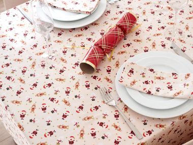 Cream Snowmen, Santa and Reindeer 100% Cotton Fabric Tablecloth
