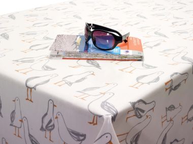 Natural and White Seagulls Oilcloth WITH BIAS-BINDING HEMMED EDGING Wipe Clean Tablecloth
