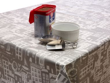 Taupe Nautical Seaside Scene Oilcloth WITH BIAS-BINDING HEMMED EDGING Wipe Clean Tablecloth