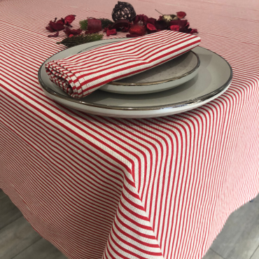 Antique Linen and Red Stripe Ticking Christmas Fabric Tablecloth