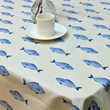 Nautical Taupe & Marine Blue Seaside Fishes Matte Finish Oilcloth Wipe Clean Tablecloth