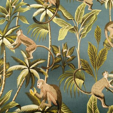 Duck Egg/Teal Tropical Monkeys 100% Cotton Curtain and Upholstery Fabric