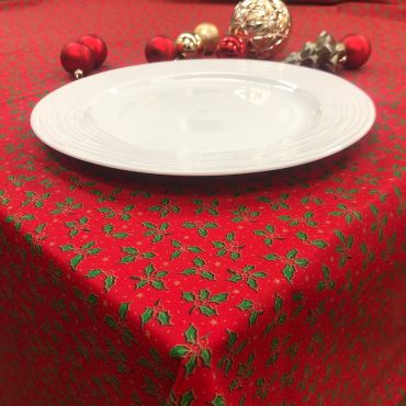 Red and Green Festive Christmas Holly 100% Cotton Fabric Tablecloth