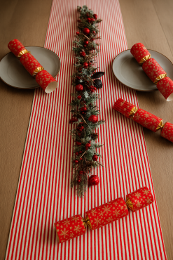 Linen and Red Stripe Fabric Table Runner