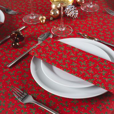 Red & Green Christmas Holly 100% Cotton Fabric Napkin