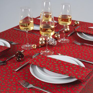 Red and Green Festive Christmas Holly 100% Cotton Fabric Tablecloth