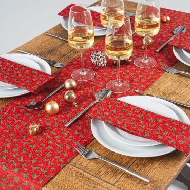 Red Festive Holly Christmas 100% Cotton Fabric Table Runner