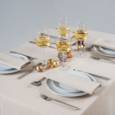 Linen and White Stripe Ticking Christmas Fabric Tablecloth