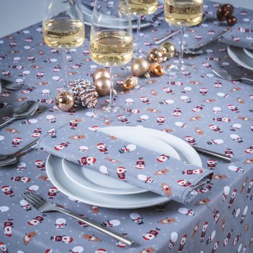 Grey Snowmen, Santa and Reindeer Christmas 100% Cotton Fabric Tablecloth