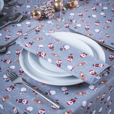 Grey Santa Snowmen & Reindeer 100% Cotton Fabric Napkin