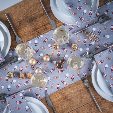 Grey Snowmen, Santa and Reindeer Christmas 100% Cotton Fabric Table Runner