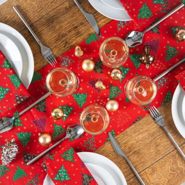 Red Green Christmas Trees Christmas Cotton Fabric Table Runner