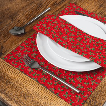 Red and Green Christmas Holly 100% cotton Fabric Placemat 