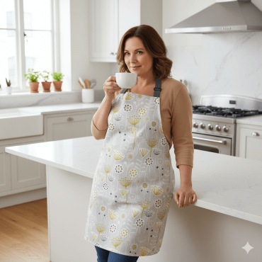 Bergen Grey Oilcloth Apron Lady Drinking Coffee