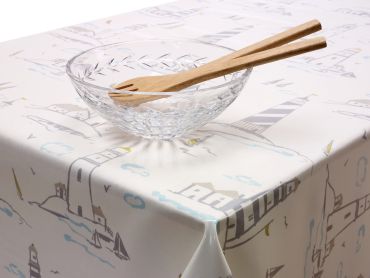 Grey and Taupe Traditional Lighthouse Scene Oilcloth Wipe Clean Tablecloth