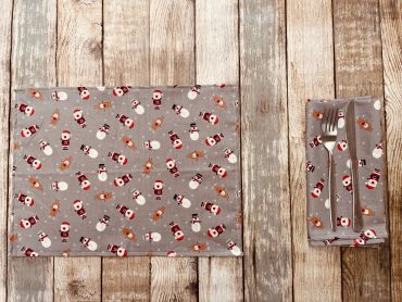 Grey Santa Snowmen & Reindeer Christmas 100% Cotton Fabric Placemat 