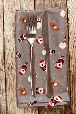 Grey Santa Snowmen & Reindeer 100% Cotton Fabric Napkin