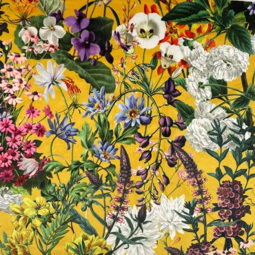 Curtain Velvet Summer Floral Ochre Yellow Curtain and Upholstery Fabric