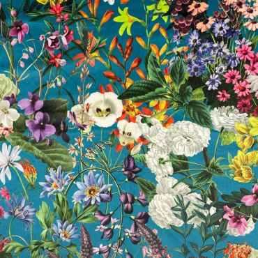 Curtain Velvet Summer Floral Teal Curtain and Upholstery Fabric