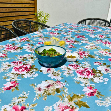 English Rose Duck Egg Outdoor/Indoor Water Repellent Tablecloth 144cm Wide