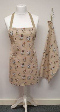 Natural Hens Fabric Apron and Optional Tea Towel Gift Set