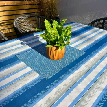 Woolacombe Sky Blue and White Stripe Outdoor/Indoor Water Repellent Tablecloth 144cm Wide